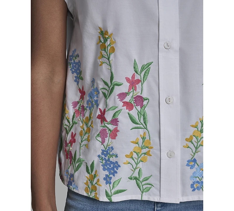 Karl Lagerfeld Paris Women's Short-Sleeve Embroidered Flower Top