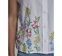 Karl Lagerfeld Paris Women's Short-Sleeve Embroidered Flower Top
