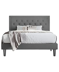 Linen Upholstered Platform Bed with Button-Tufted Headboard – Modern Bed Frame with Wood Slats, No Box Spring Needed