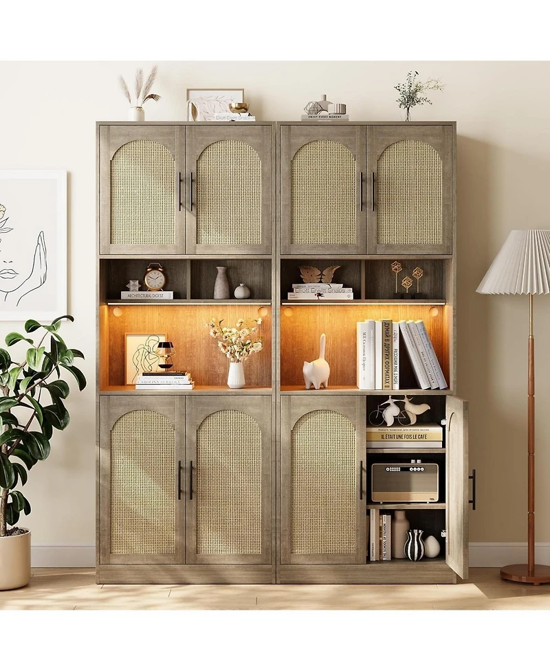 gaomon Tall Pantry Cabinet with Countertop, Kitchen Cabinets with Led Light Strip & Microwave Shelf