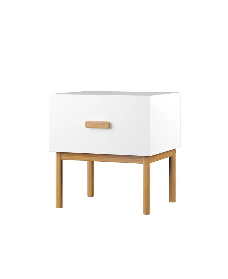 Rainsken Modern Minimalist Nightstand, White Bedside Table with Drawer, Handle and Wood Legs for Bedroom, Living Room, or Apartment