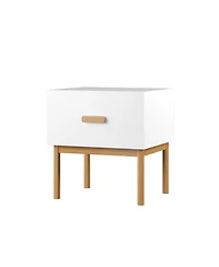 Rainsken Modern Minimalist Nightstand, White Bedside Table with Drawer, Handle and Wood Legs for Bedroom, Living Room, or Apartment