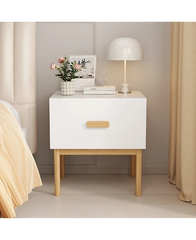 Rainsken Modern Minimalist Nightstand, White Bedside Table with Drawer, Handle and Wood Legs for Bedroom, Living Room, or Apartment