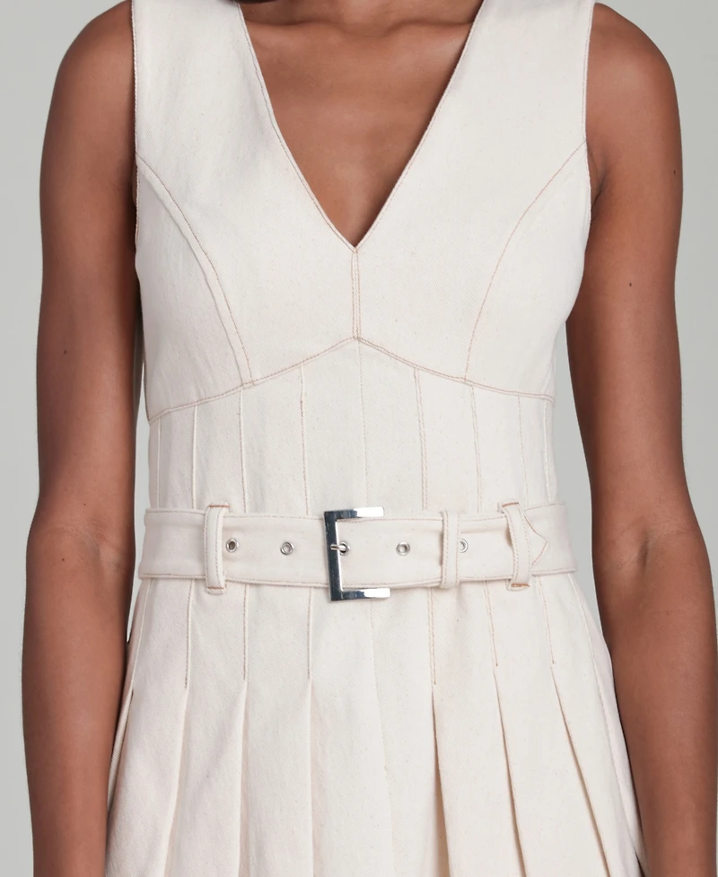 Avec Les Filles Women's V-Neck Belted Pleated Mini Dress