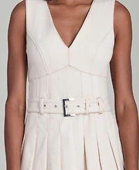 Avec Les Filles Women's V-Neck Belted Pleated Mini Dress