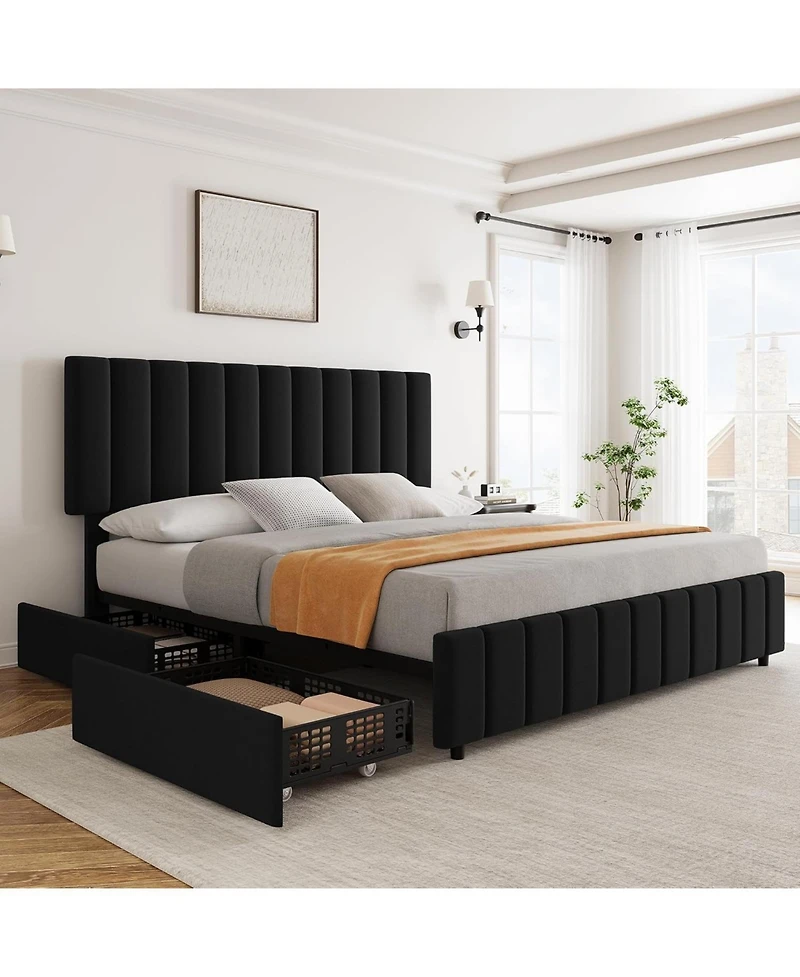 gaomon Linen Upholstered Bed Frame with 4 Storage Drawers, Adjustable Headboard, Sturdy Wooden Slats, No Box Spring Required