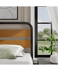 gaomon King Metal Platform Bed Frame Wooden Headboard Heavy-Duty Support Noise-Free Design Under-Bed Storage Rustic Light