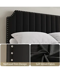 gaomon Queen Metal Platform Bed Frame Velvet Upholstery Nailhead Trim Tall Headboard Wooden Slats Noise-Free