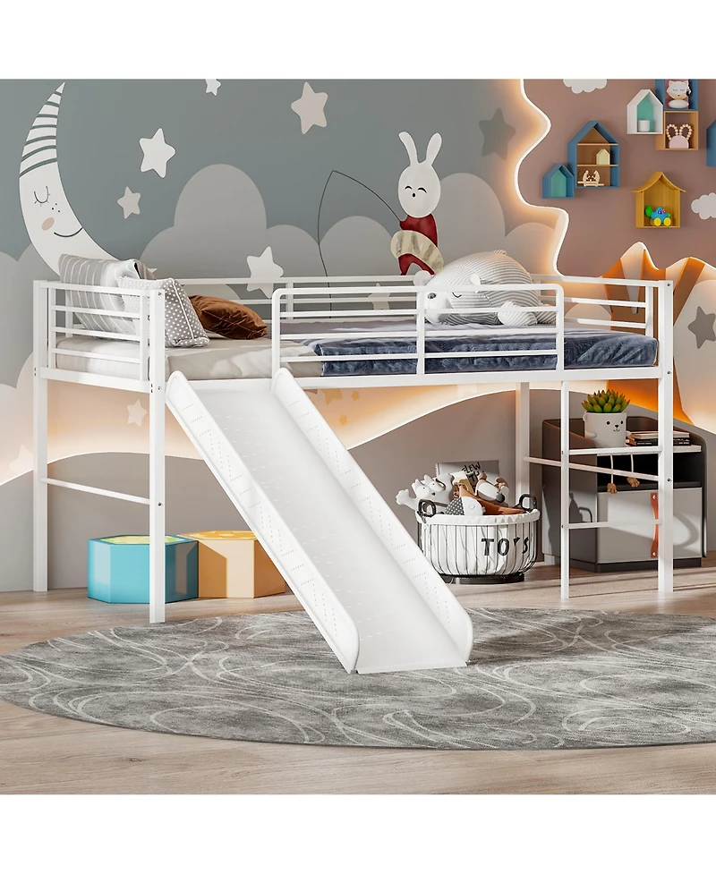 Gymax Twin Metal Loft Bed with Slide Guardrails Built-in Ladder Low Bed Frame Silver