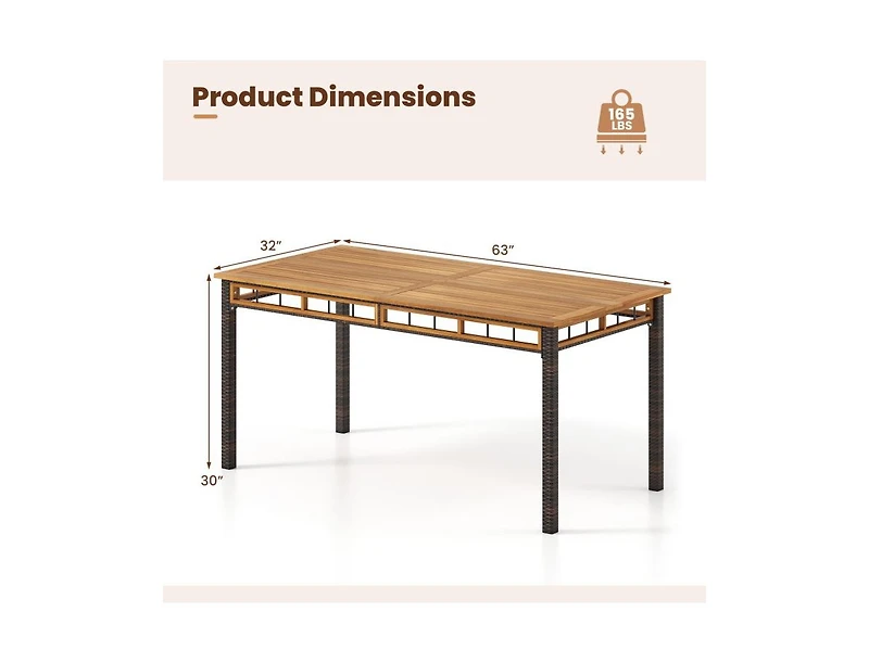 Slickblue Outdoor 63 Inch Dining Table with Slatted Acacia Wood Top