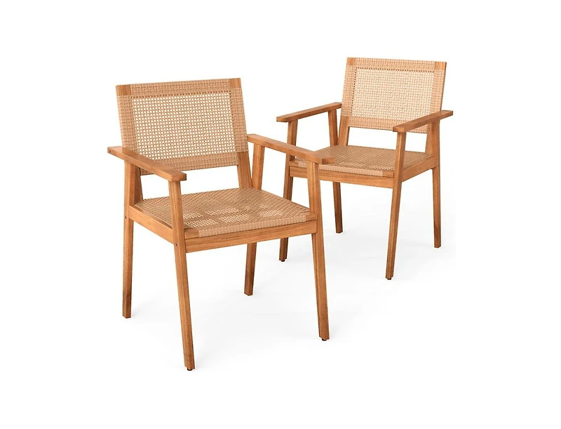 Slickblue 2-Piece Acacia Wood Patio Chairs with Rattan Backrests and Arms