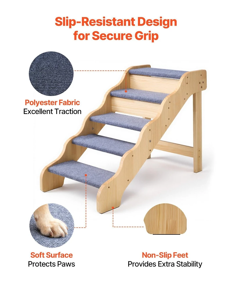 Cozito 5-Step Wooden Pet Stairs with Non-Slip Surface, 150 lb Capacity for Beds and Sofas