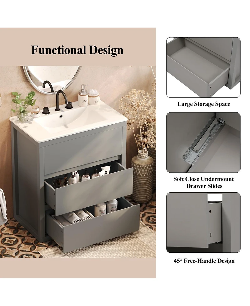 Sillysis 30" Modern Freestanding Bathroom Vanity with Ceramic Sink, Glossy Mdf Cabinet, Handleless Soft Close Drawers