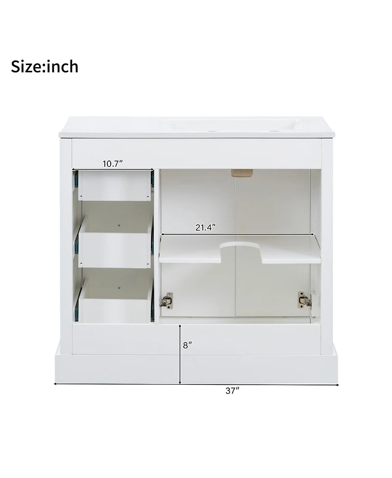 Sillysis 36" Transitional Bathroom Vanity with Ceramic Sink, Solid Wood & Mdf, 2 Soft-Close Doors, 3 Drawers, Adjustable Shelf for Storage