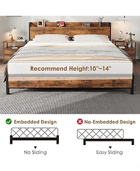 gaomon King Industrial Platform Bed Frame Usb Charging Station 2-Tier Storage No Box Spring Retro Wood Finish Heavy Duty Metal Frame Headboard