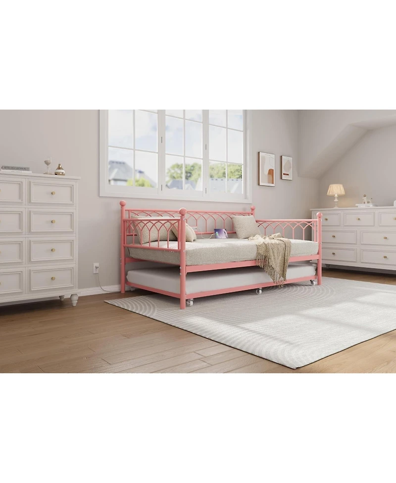 gaomon Metal Daybed with Trundle Sofa Bed Frame Charging Station Led Lights for Living Room Guest Room Apartment