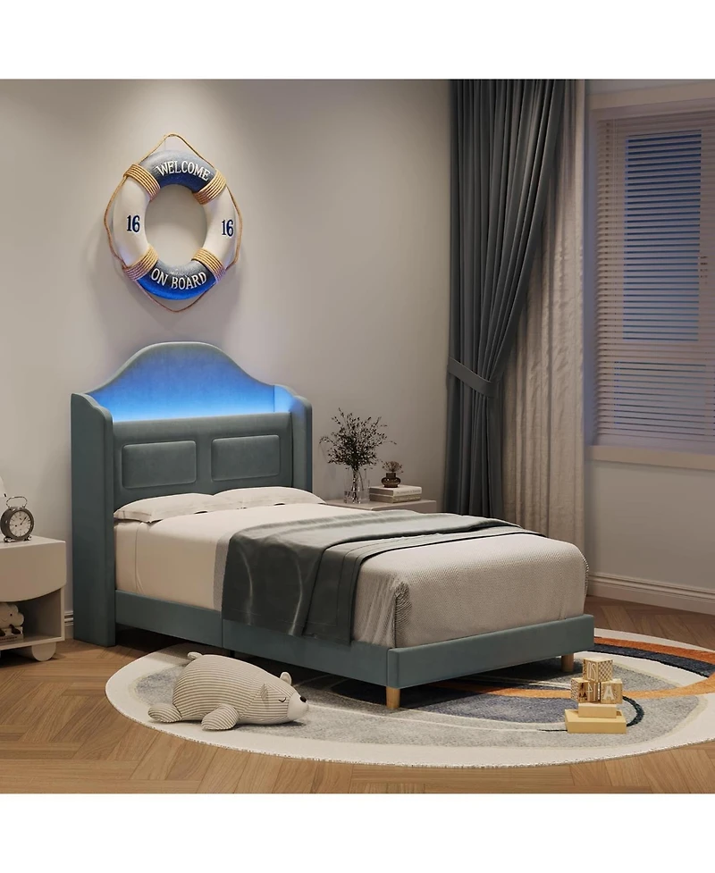 gaomon Twin Bed Frame Headboard Built-in Led Lights Velvet Upholstered Platform Wing Back Easy Assembly No Box Spring Noise Free