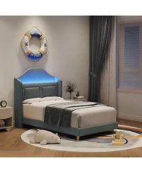 gaomon Twin Bed Frame Headboard Built-in Led Lights Velvet Upholstered Platform Wing Back Easy Assembly No Box Spring Noise Free