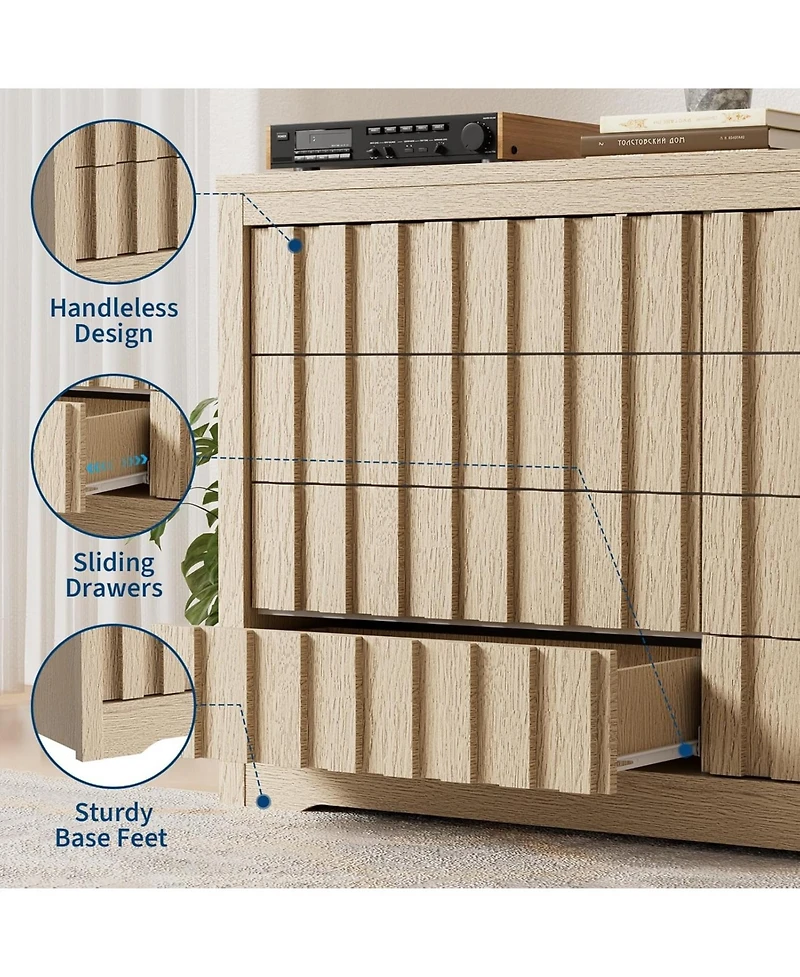 gaomon Fluted 8 Drawer Dresser, Modern Handleless Wooden Chest of Drawers with Deep Storage Closet Organizer for Living Room Hallway