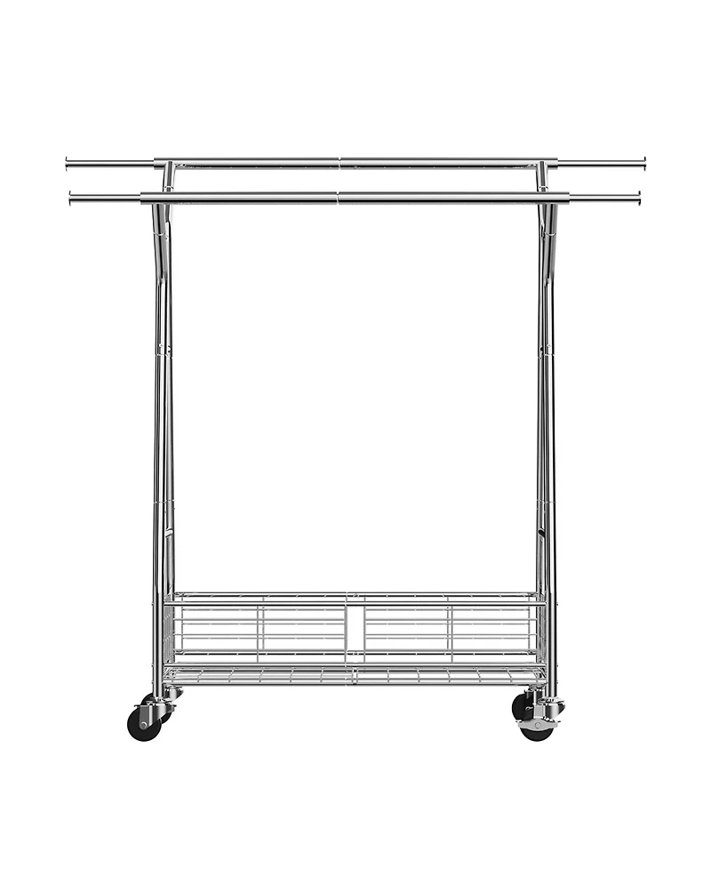 Rainsken Clothes Rack, Rolling Clothing Garment Rack, Extendable Carbon Steel Clothing Racks with 2 Hanging Rods and Storage Basket for Living Room