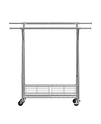 Rainsken Clothes Rack, Rolling Clothing Garment Rack, Extendable Carbon Steel Clothing Racks with 2 Hanging Rods and Storage Basket for Living Room