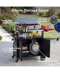 Rainsken Outdoor Grill Cart with Drop Leaf, Metal Bar Cart with Wheels, Stainless Steel Top, Storage Cabinet, Spice and Paper Rack for Bbq