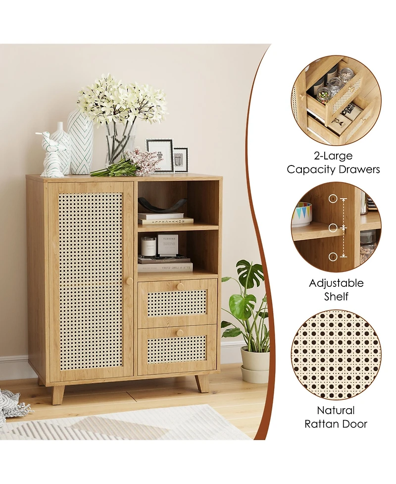 Rainsken Rattan Buffet Cabinet, Kitchen Sideboard with 2 Drawers for Living Room, Dining Room