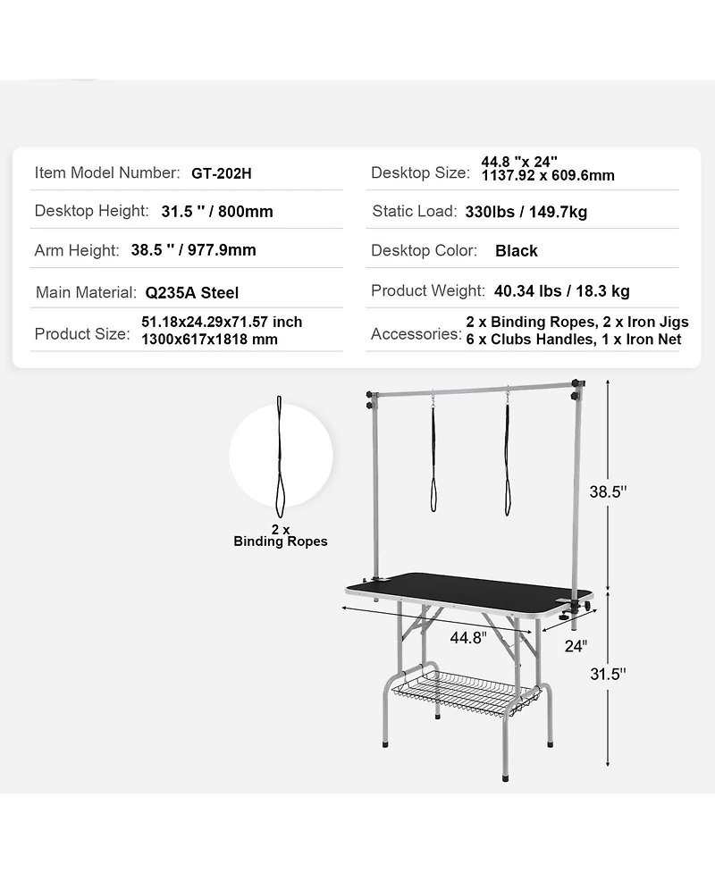 Cozito 46" Foldable Pet Grooming Table with Dual Arms and Clamp, 330 lb Capacity