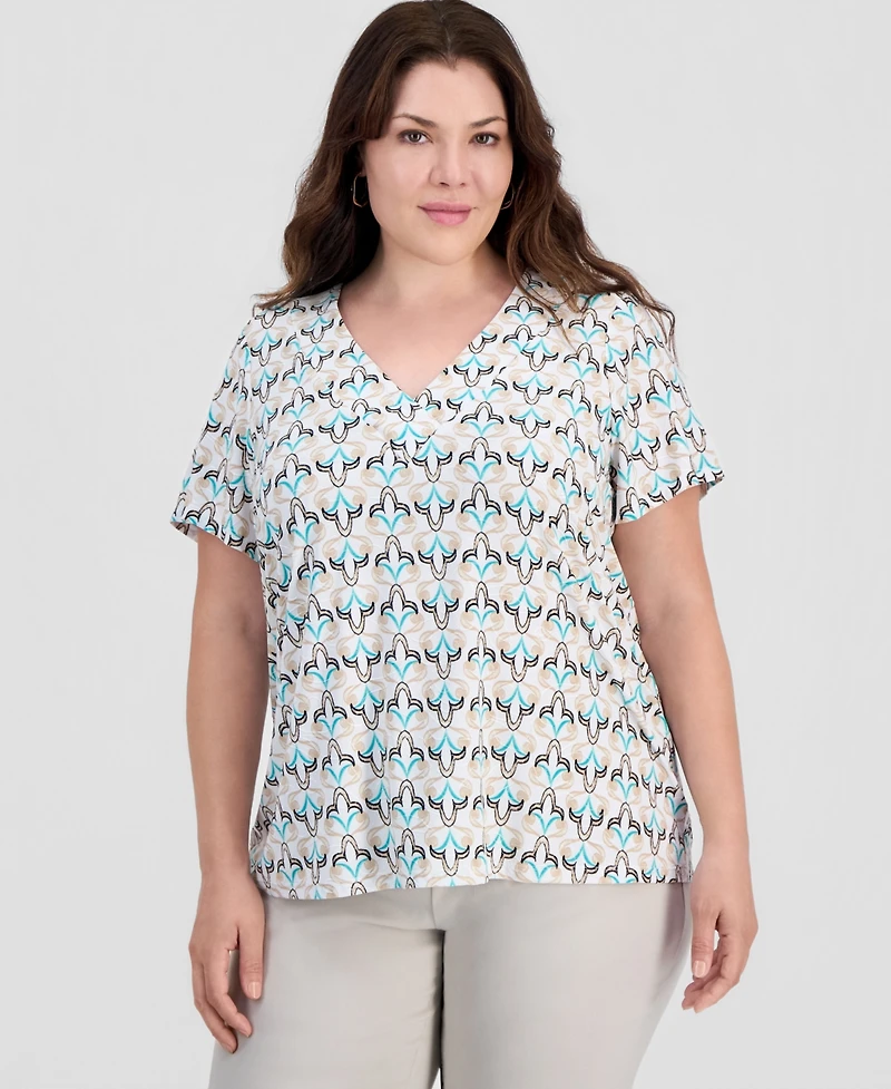 Jm Collection Plus Printed Short Sleeve V-Neck Jacquard Top