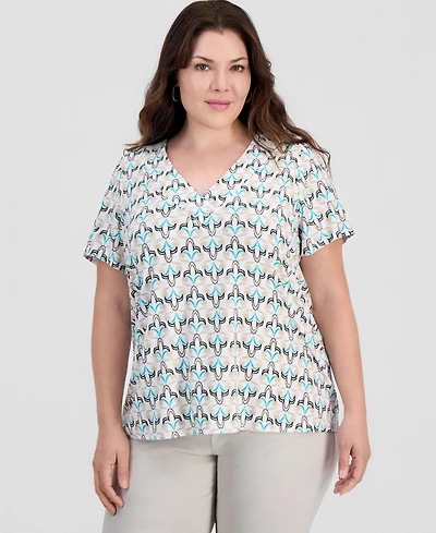 Jm Collection Plus Printed Short Sleeve V-Neck Jacquard Top