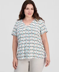 Jm Collection Plus Printed Short Sleeve V-Neck Jacquard Top