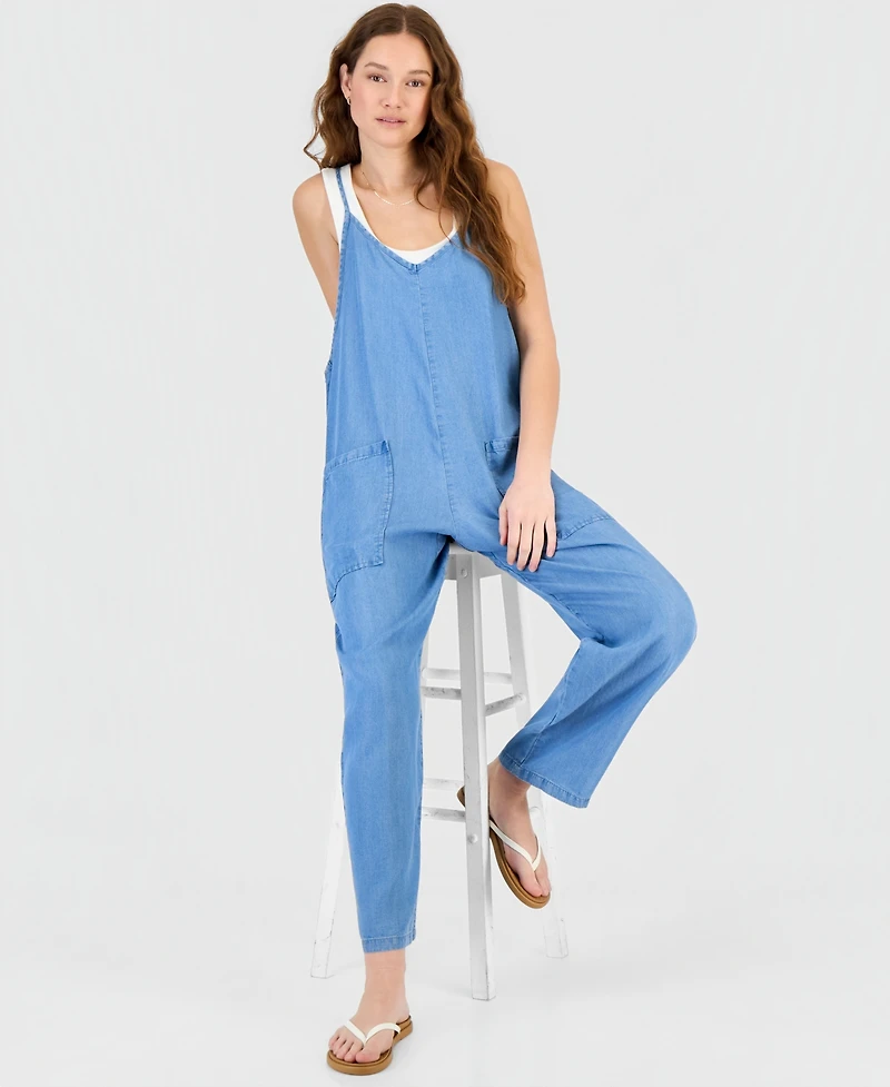 Hippie Rose Juniors' Chambray V-Neck Sleeveless Jumpsuit