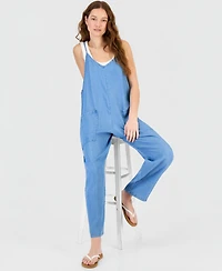 Hippie Rose Juniors' Chambray V-Neck Sleeveless Jumpsuit