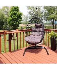 Outdoor Resin Wicker Patio Julia Hanging Basket Egg Chair Swing with Cushions, Headrest, and Steel Stand Set - 3pc