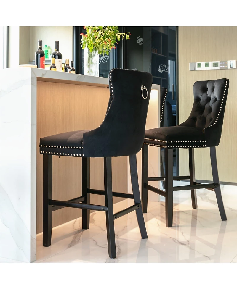 Set of 2 Velvet Counter Height Stools, 26.3" Button Tufted Upholstered Kitchen Island Chairs with Back -The Pop Home