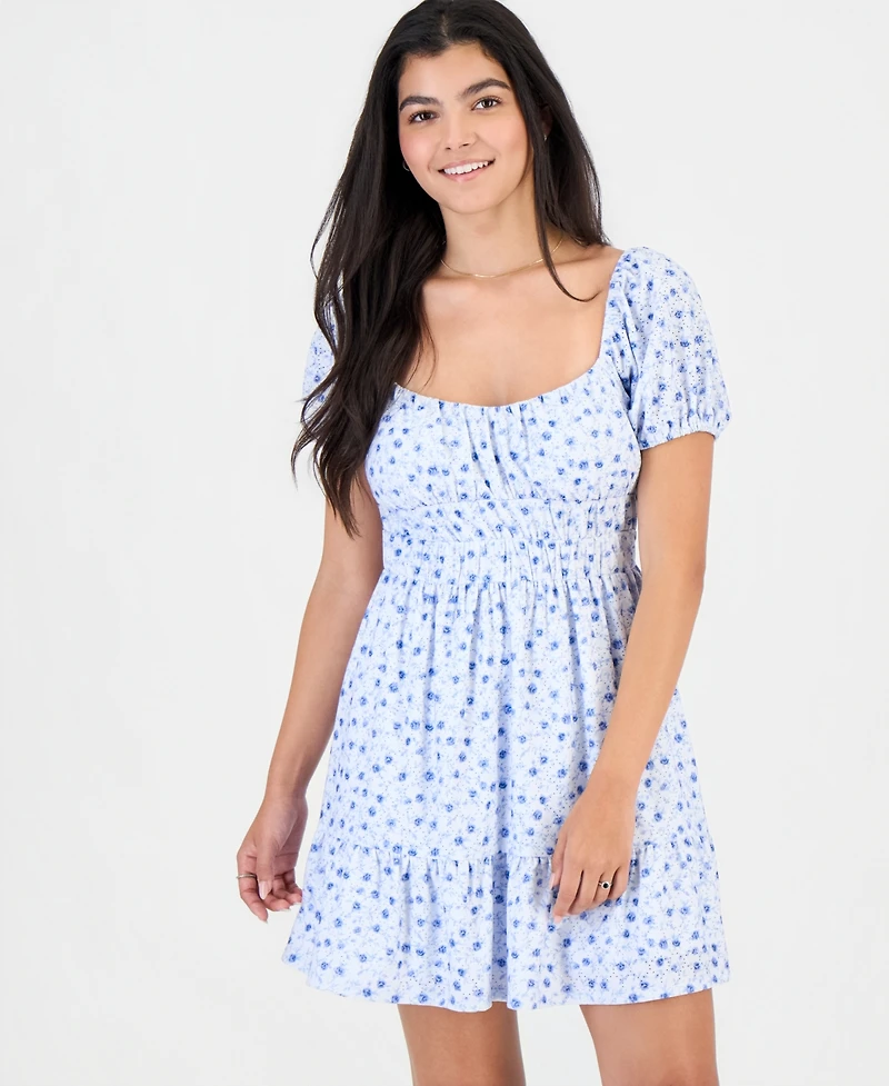 Kingston Grey Juniors' Floral Print Eyelet Puff-Sleeve Mini Dress