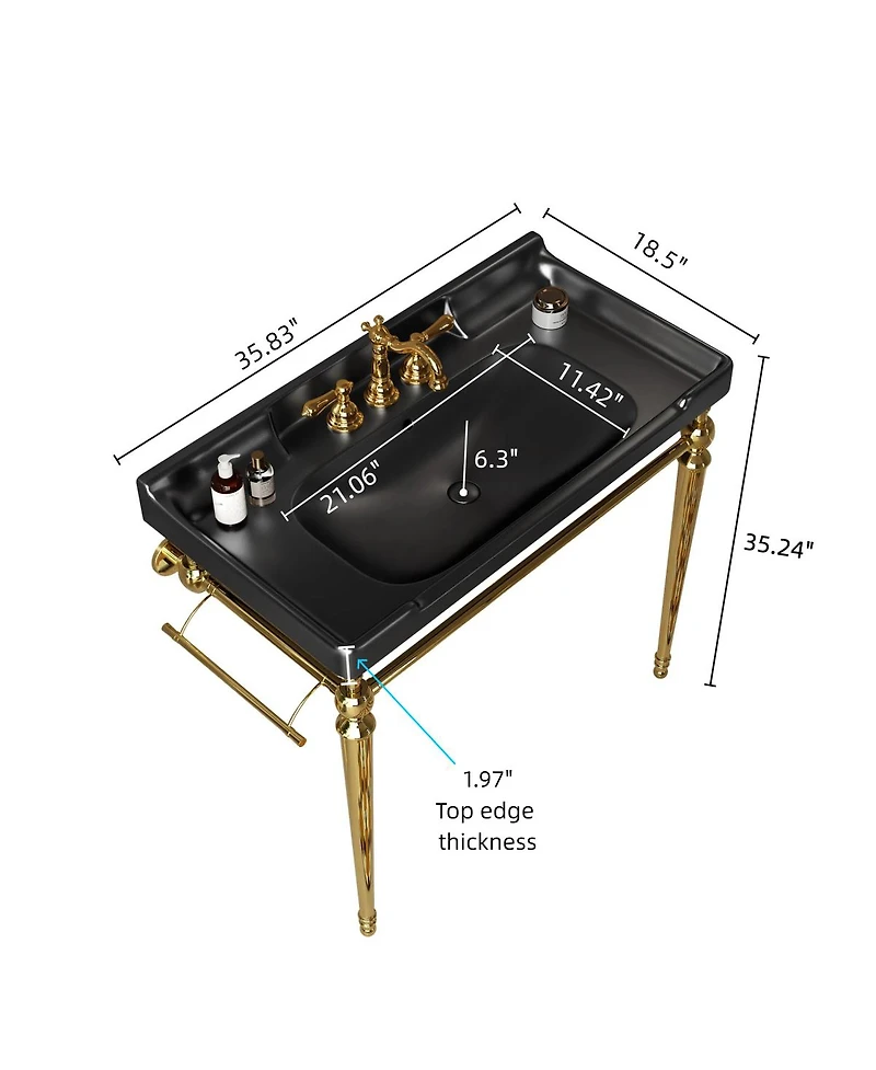 Sillysis 36" Bathroom Console Sink with Black Ceramic Vanity, Wall Mounted Basin & Stainless Steel Legs, Towel Bar Included