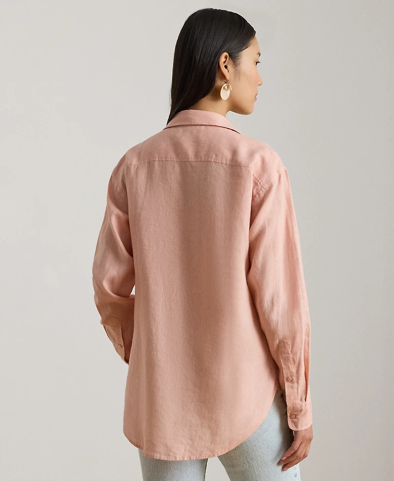Lauren Ralph Petite Pink Eyelet-Logo Collared Shirt