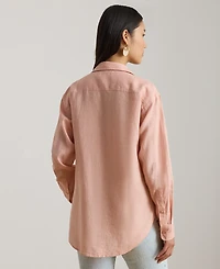 Lauren Ralph Petite Pink Eyelet-Logo Collared Shirt