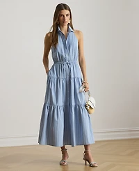 Lauren Ralph Petite Striped Tiered Collared Shirt Dress