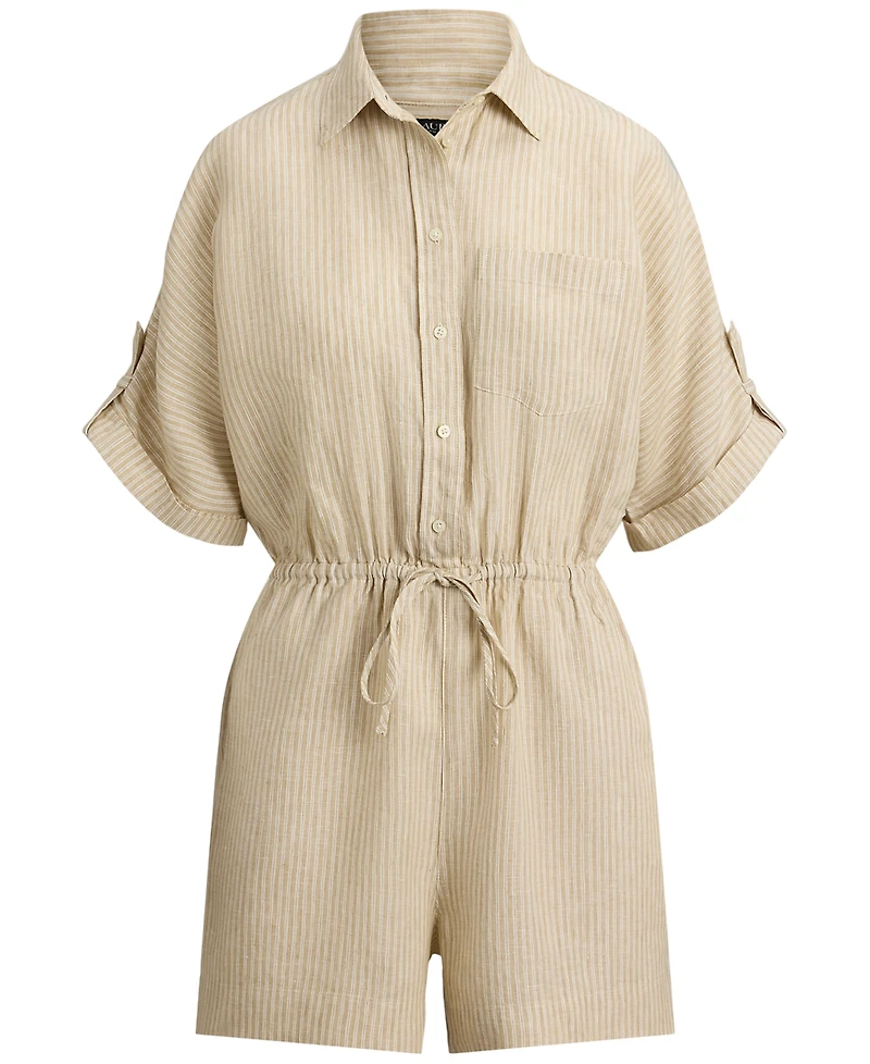 Lauren Ralph Petite Striped Collared Drawcord-Waist Romper