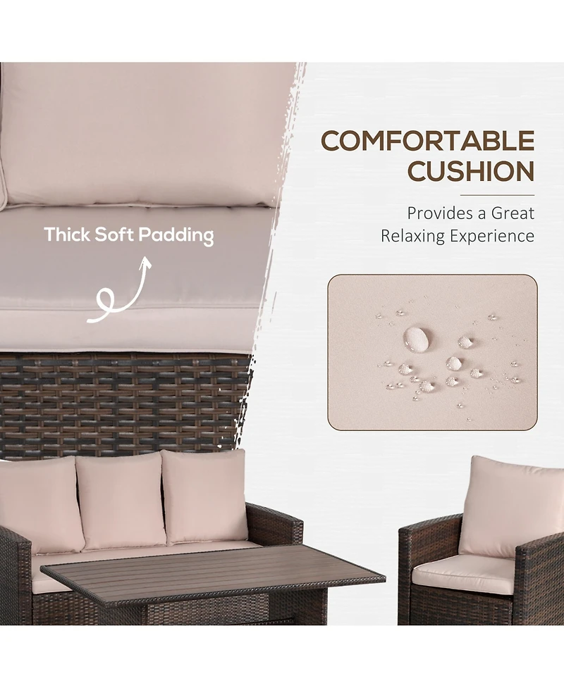 Outsunny 6 Pcs Patio Dining Set All Weather Rattan Wicker Furniture Set with Wood Grain Top Table and Soft Cushions, Beige