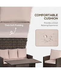 Outsunny 6 Pcs Patio Dining Set All Weather Rattan Wicker Furniture Set with Wood Grain Top Table and Soft Cushions, Beige