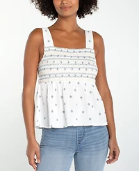 Liverpool Los Angeles Women's Sleeveless Smocked Embroidered Top