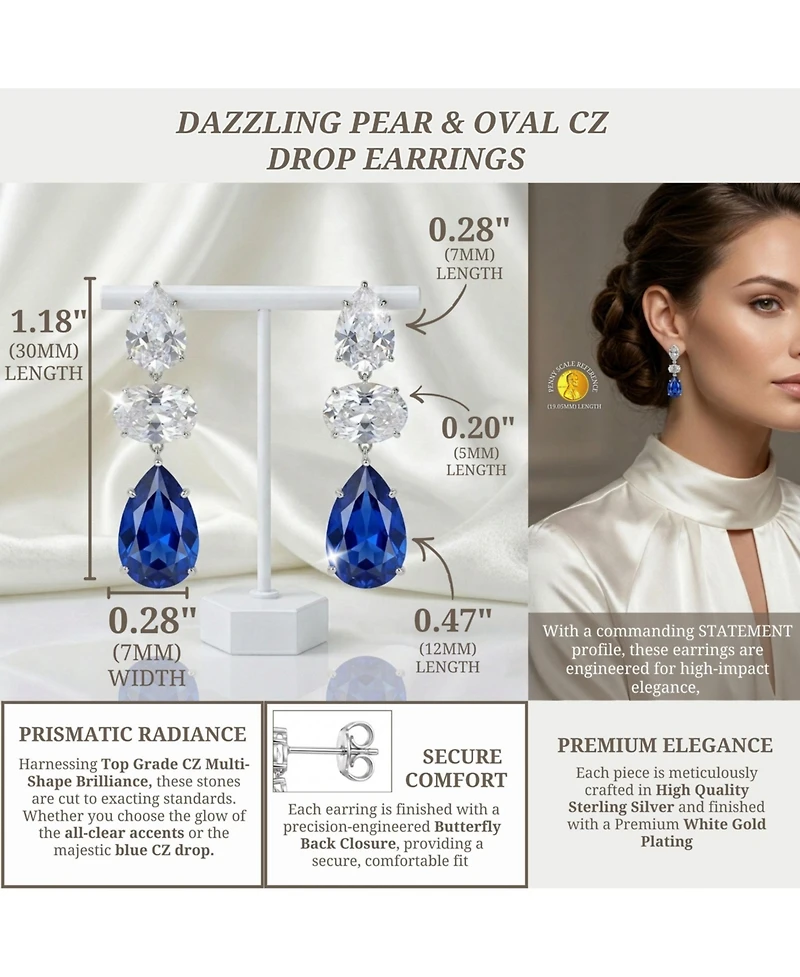 Radiant White Gold Plated Drop Earrings Sterling Silver with Pear Shape and Oval Cubic Zirconia