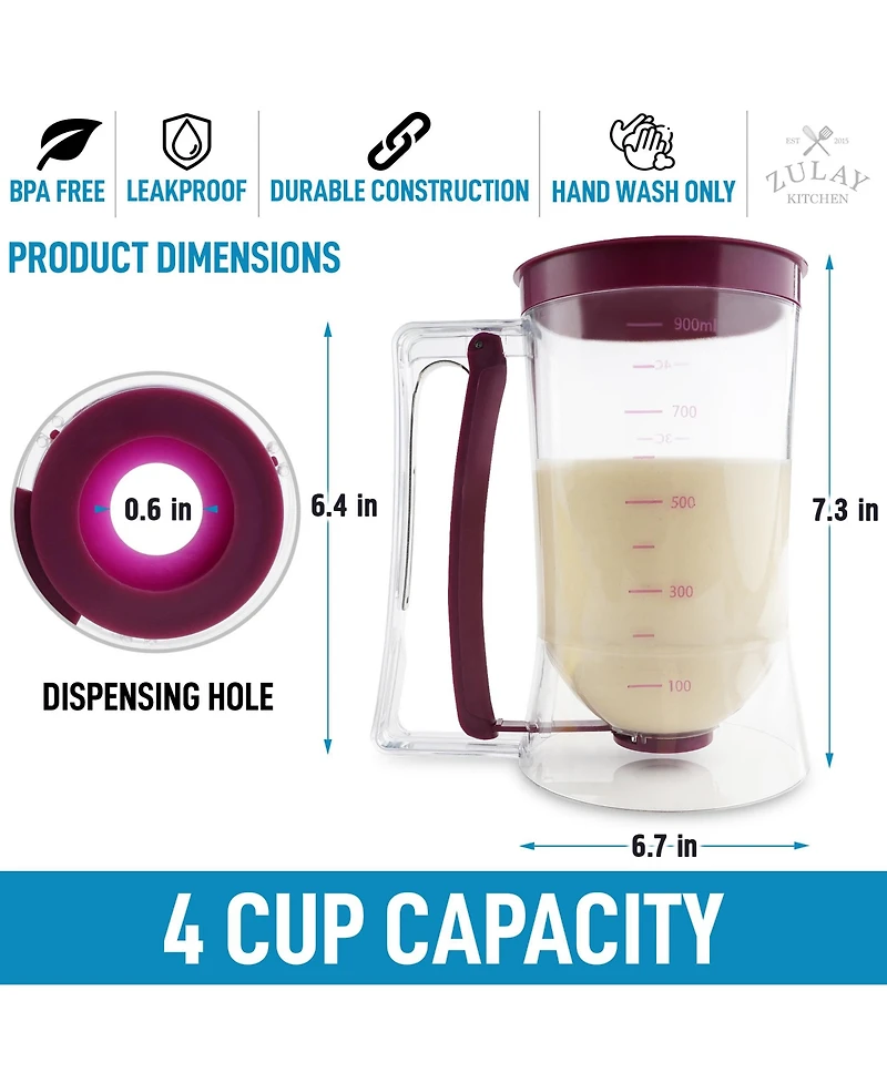 4 Cup Pancake Batter Dispenser with Squeeze Handle - Pancake Dispenser for Batter with Measuring Label