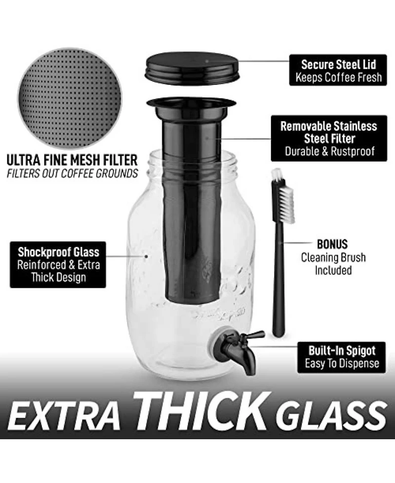 1.5 Liter Cold Brew Coffee Maker with Extra Thick Glass Carafe & Stainless Steel Mesh Filter