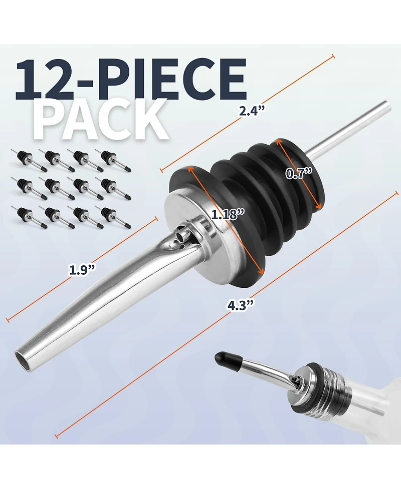 Stainless Steel Liquor Bottle Pourers with Rubber Dust Caps - 12 Pack