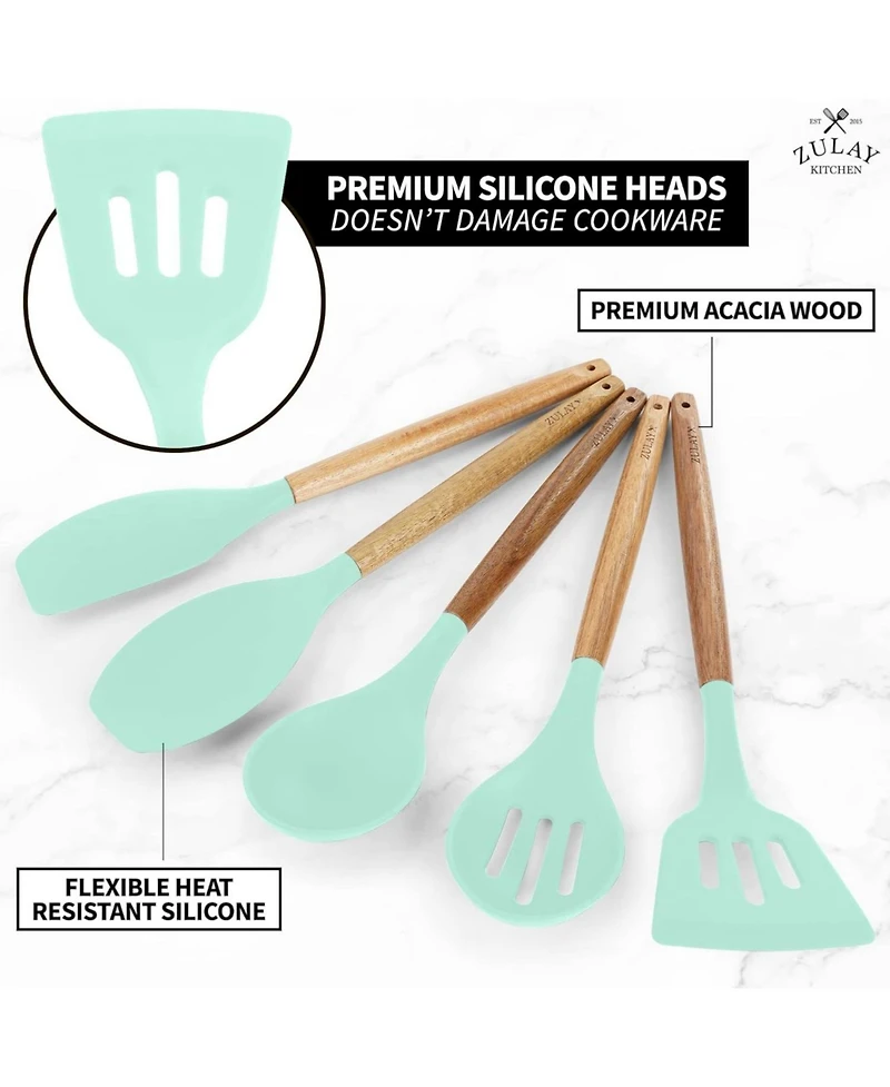 5 Piece Silicone Utensils Set with Authentic Acacia Wood Handles