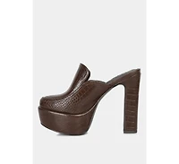 Bauhaus Womens Croc Pattern Heeled Platform Mules